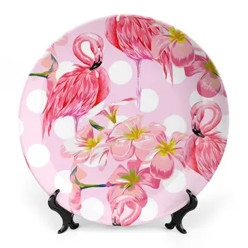 Fényes trópusi flamingó kerámia csont Kína dekoratív tányérok bemutatóállvánnyal Függő díszek Tányérok Étkészlet tányér